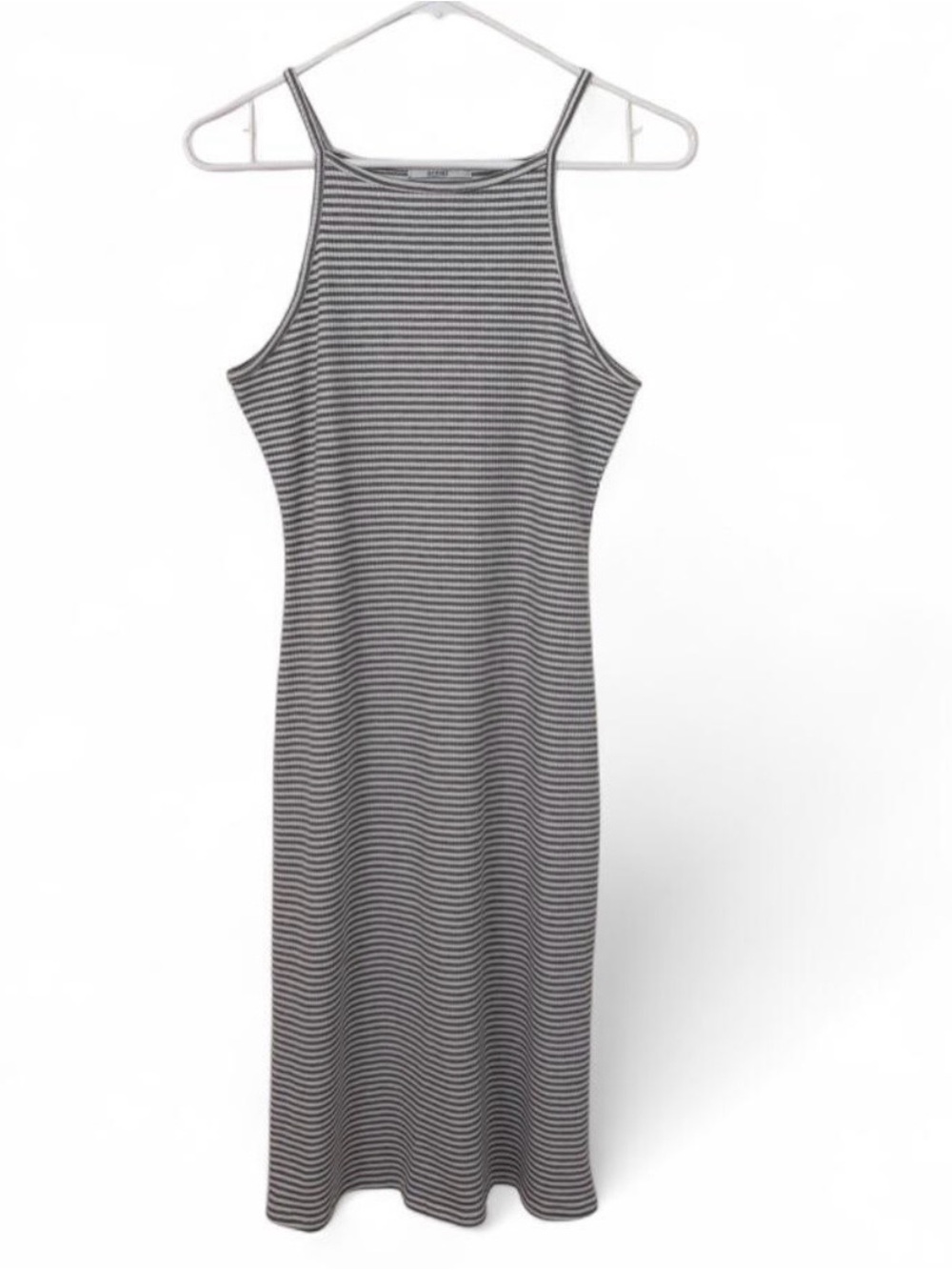 Acemi women’s Sz. M white + grey striped fitted midi dress.